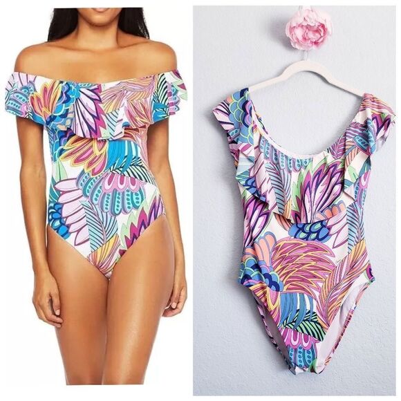 Trina Turk Paradise Plum Off Shoulder One Piece Swimsuit - Picture 1 of 6